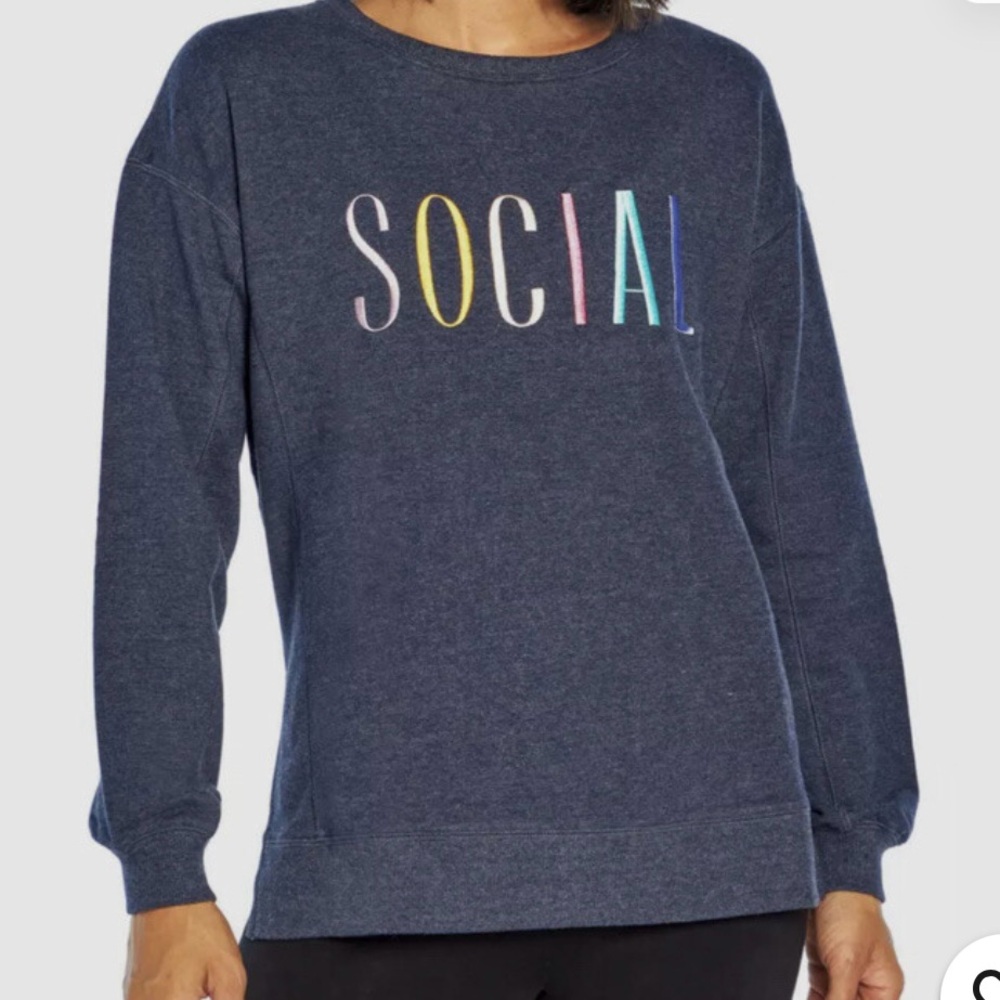 Wildfox Social Graphic Embroidered Sweatshirt XL Navy Oversized Cozy Pullover